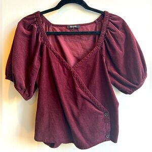 Madewell Corduroy Wrap Top Blouse Puff Sleeve Purple Maroon SMALL 100% Cotton